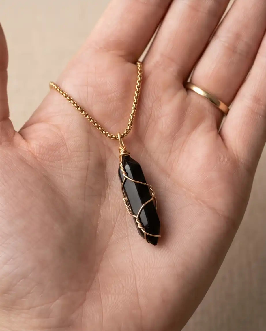 Wire-Wrapped Black Obsidian Crystal Point Pendant Box Chain