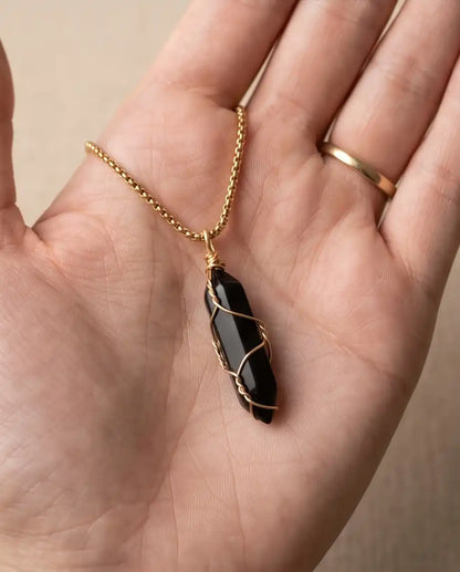 Wire-Wrapped Black Obsidian Crystal Point Pendant Box Chain