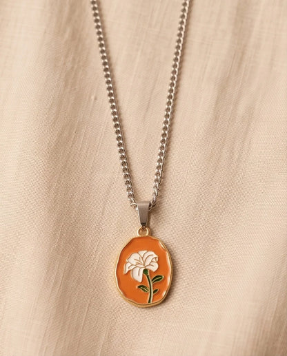 Gold Peach White Flower Enamel Medallion Chain Necklace