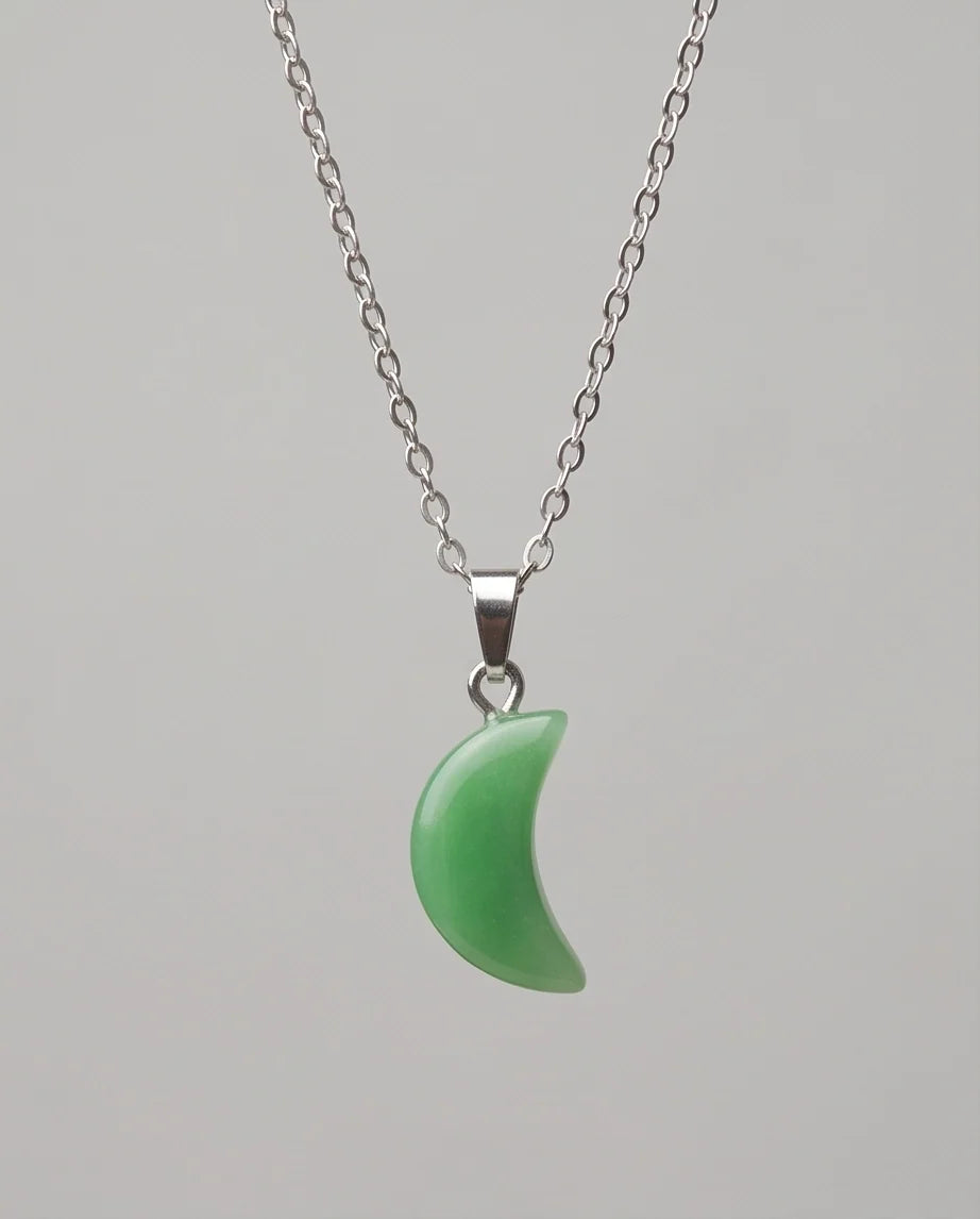 Silver Jade Green Crescent Moon Pendant Necklace