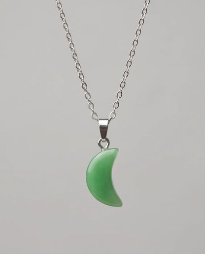 Silver Jade Green Crescent Moon Pendant Necklace