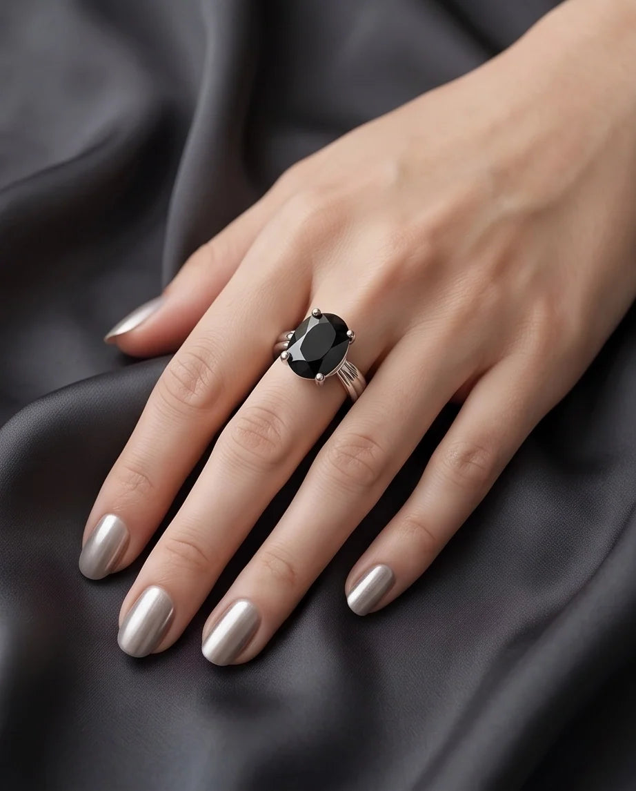 Silver Oval Onyx Gemstone Solitaire Ring