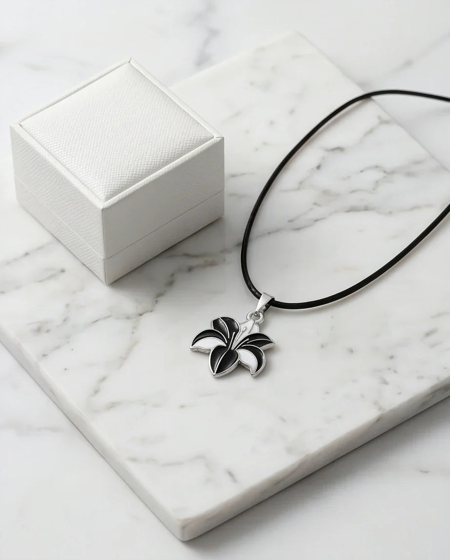 Bold Black and White Lily Enamel Pendant Necklace