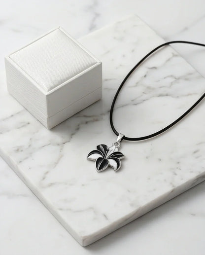 Bold Black and White Lily Enamel Pendant Necklace