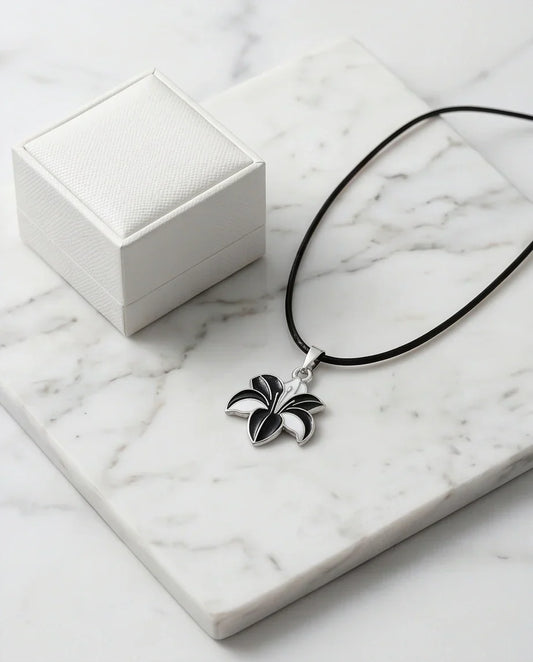 Bold Black and White Lily Enamel Pendant Necklace