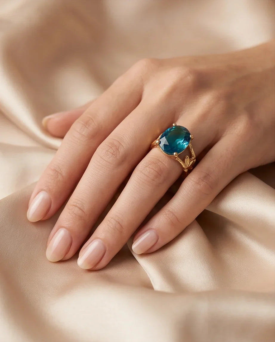 Gold Plated Aqua Blue Topaz Bamboo Leaf Ring