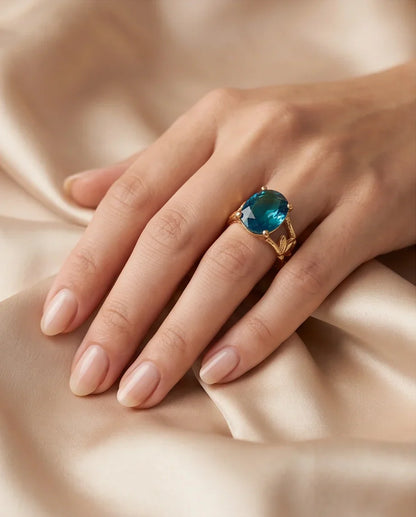 Gold Plated Aqua Blue Topaz Bamboo Leaf Ring