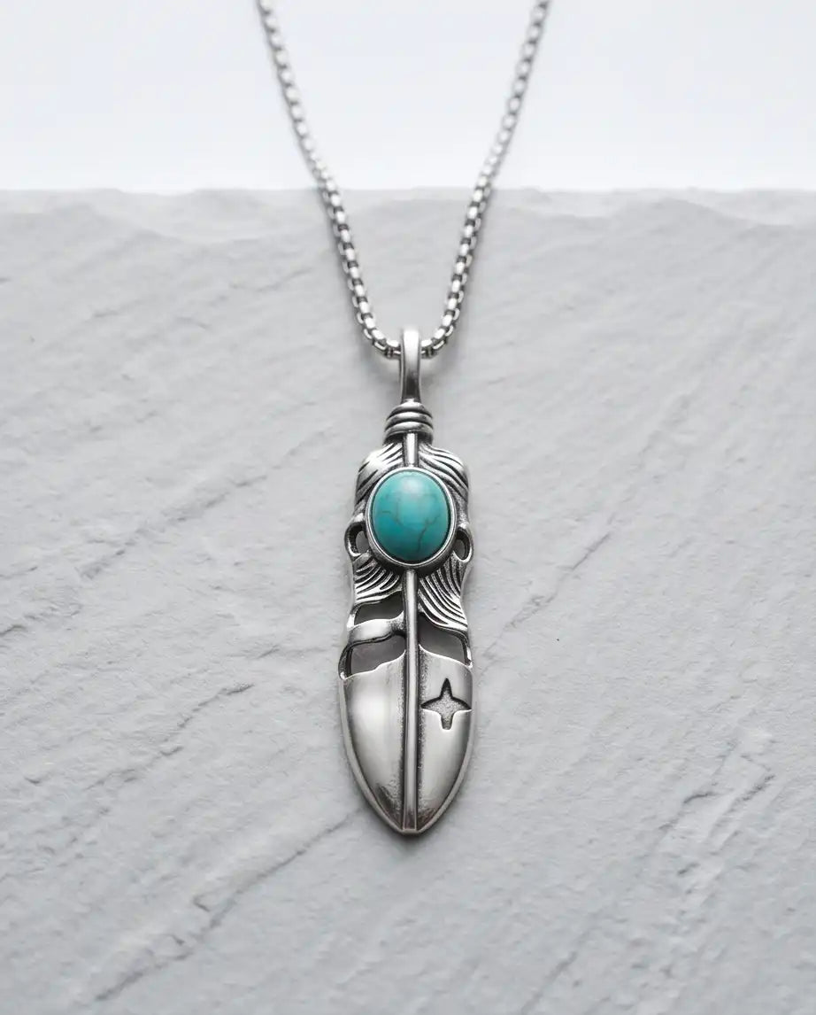 Turquoise Stone Feather Pendant Box Chain