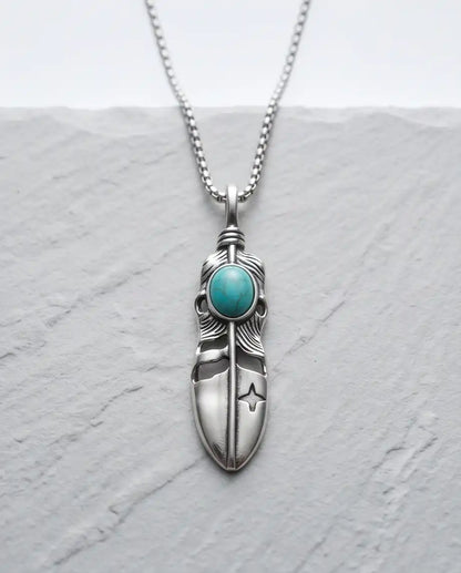 Turquoise Stone Feather Pendant Box Chain