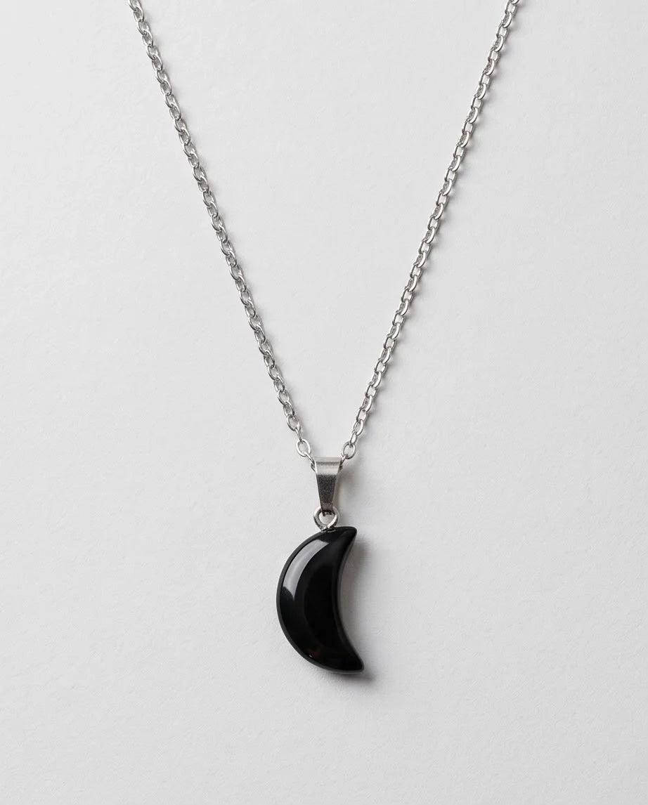 Silver Black Obsidian Crescent Moon Pendant Necklace