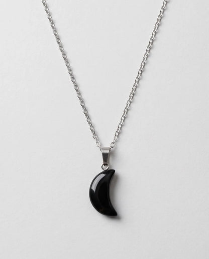 Silver Black Obsidian Crescent Moon Pendant Necklace