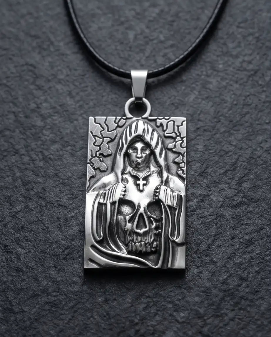 Hooded Grim Reaper Skull Dog Tag Pendant Box Chain