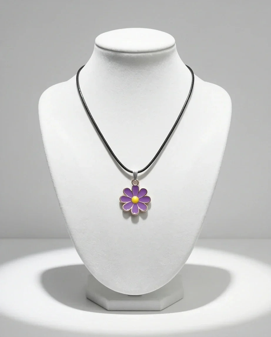 Vibrant Purple Daisy Enamel Pendant Necklace