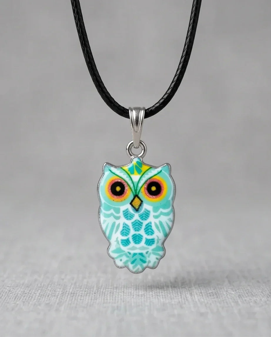 Vibrant Mint Blue Owl Totem Pendant Necklace