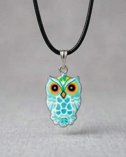 Vibrant Mint Blue Owl Totem Pendant Necklace