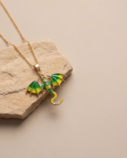 Gold Green Enamel Dragon Wyvern Pendant Necklace