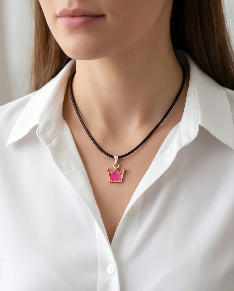 Gold and Pink Crown Pendant Necklace