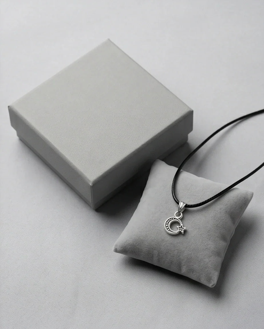 Silver Celestial Crescent Moon and Star Necklace