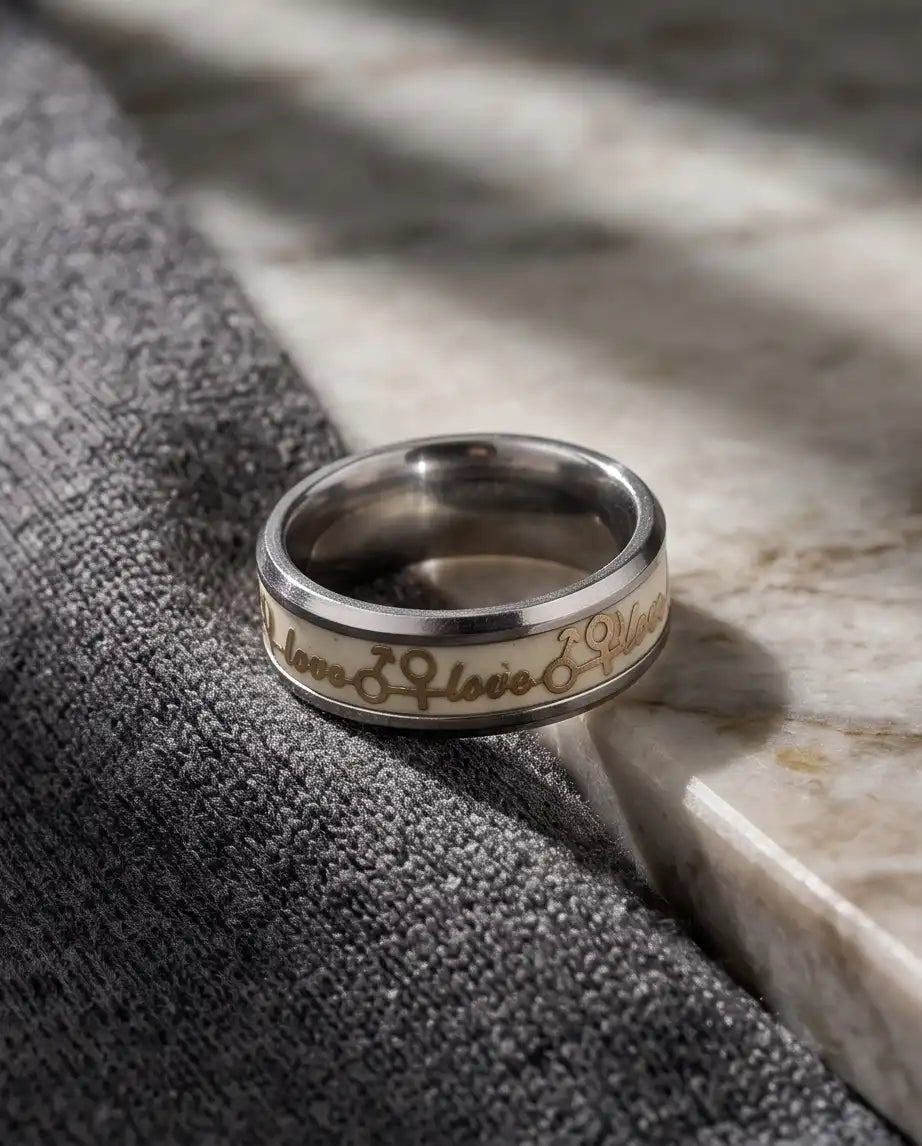 Gold Love Script and Gender Symbols Band Ring