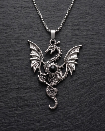 Silver Black Gemstone Dragon Pendant Necklace