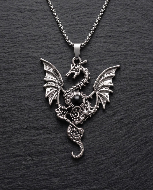 Silver Black Gemstone Dragon Pendant Necklace