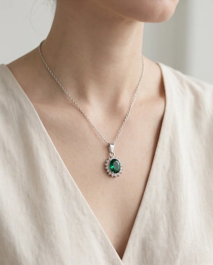 Silver Emerald Green Oval Halo Medallion Pendant Necklace