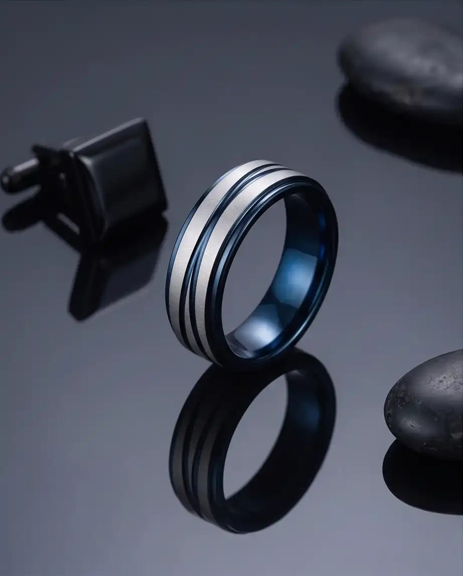 Two-Tone Brushed Silver and Blue Grooved Band Ring