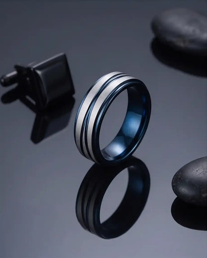 Two-Tone Brushed Silver and Blue Grooved Band Ring