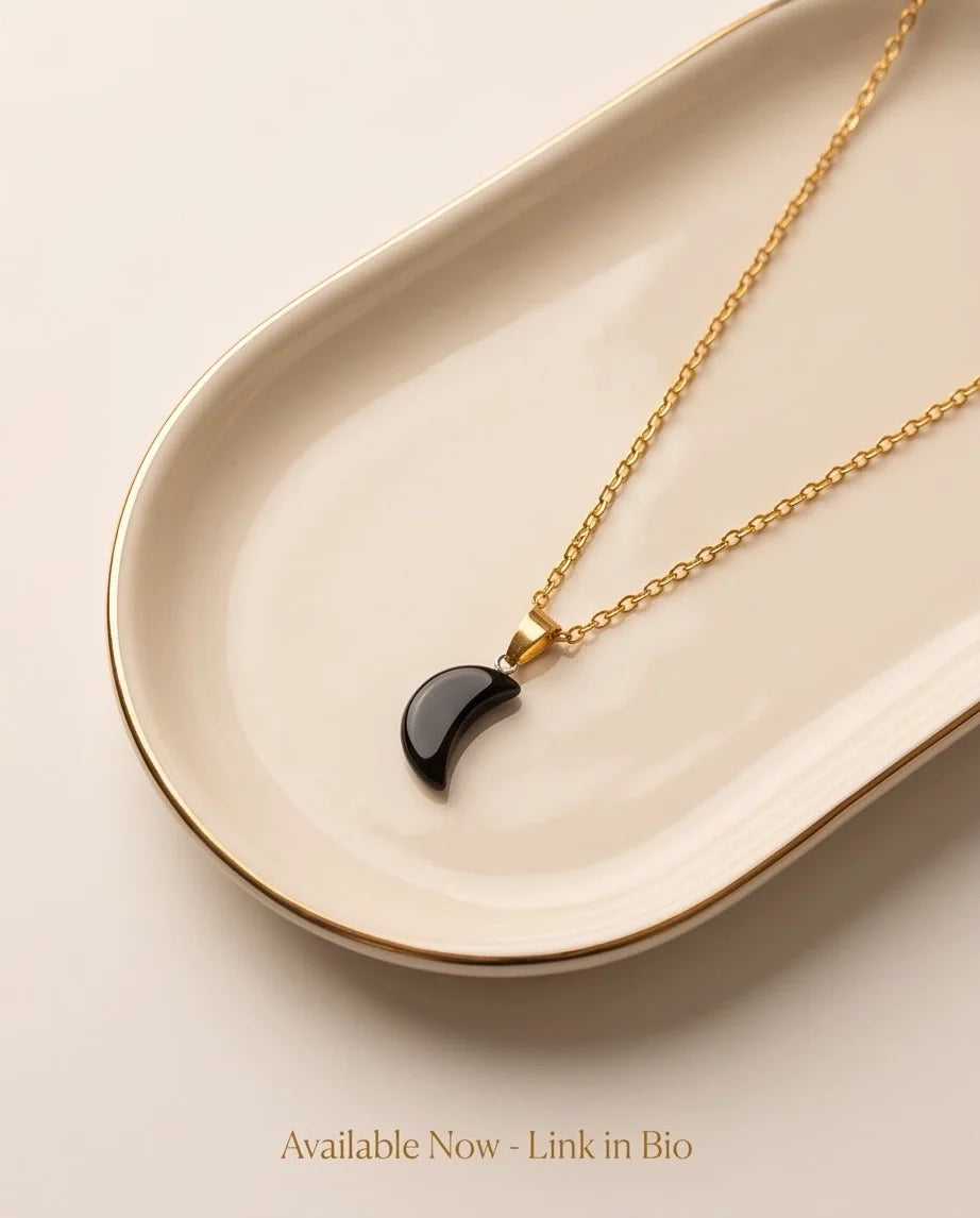 Silver Black Obsidian Crescent Moon Pendant Necklace