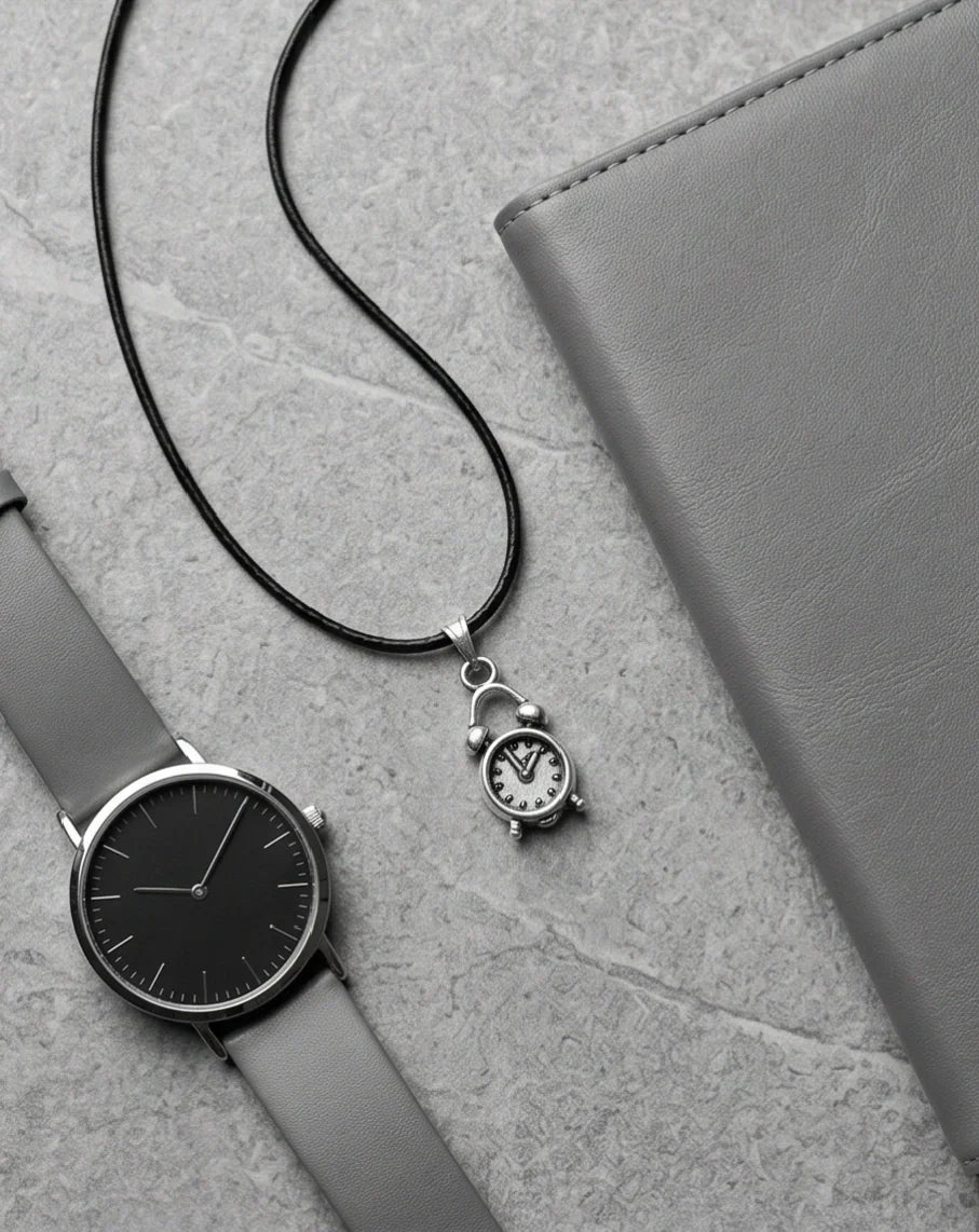Silver Retro Alarm Clock Pendant Necklace