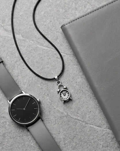 Silver Retro Alarm Clock Pendant Necklace