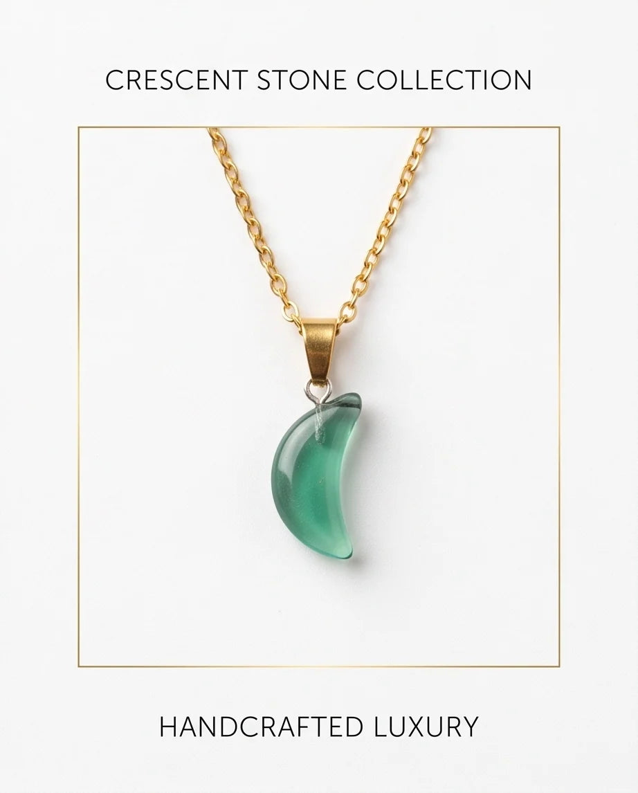 Silver Emerald Green Crescent Moon Pendant Necklace