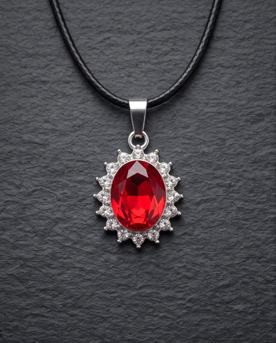 Silver Garnet Red Oval Halo Medallion Pendant Necklace