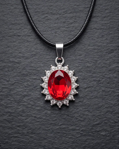 Silver Garnet Red Oval Halo Medallion Pendant Necklace