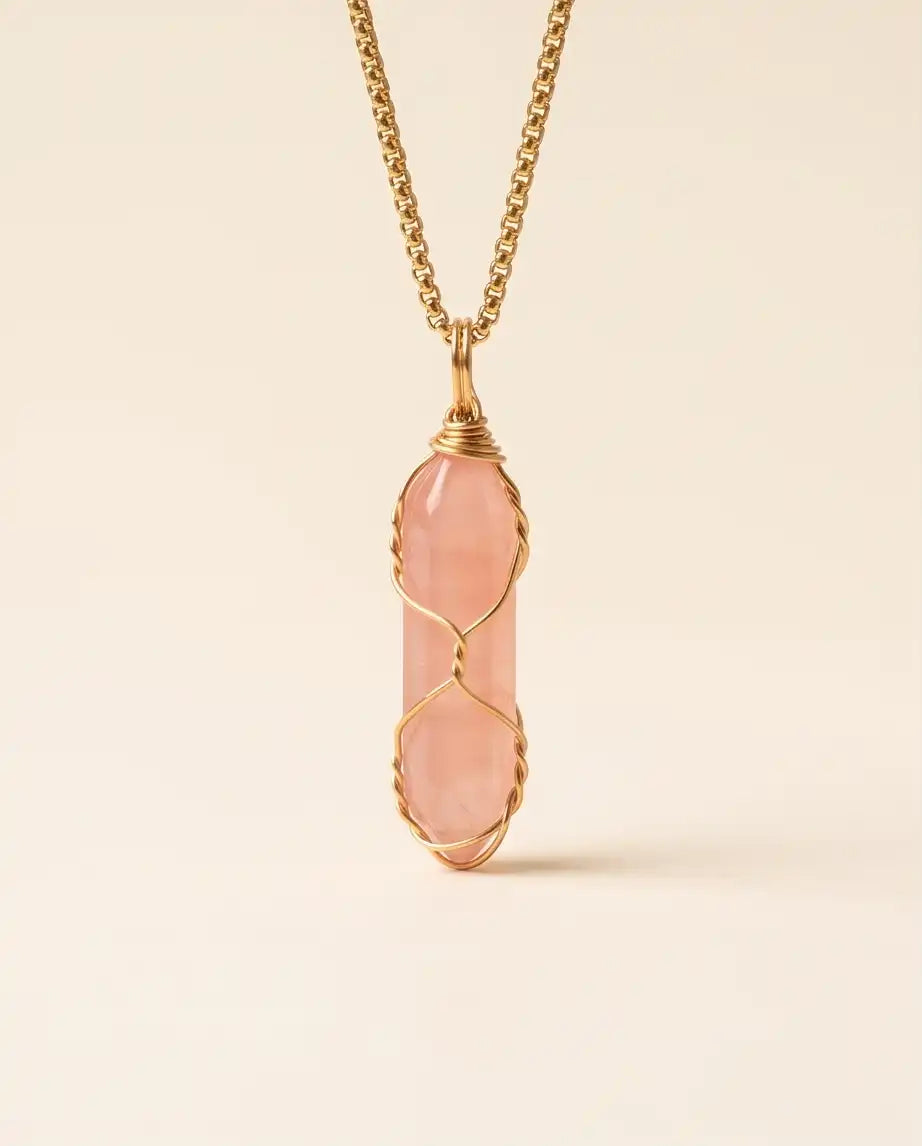 Wire-Wrapped Rose Quartz Crystal Point Pendant Box Chain