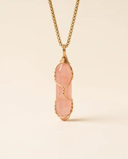 Wire-Wrapped Rose Quartz Crystal Point Pendant Box Chain