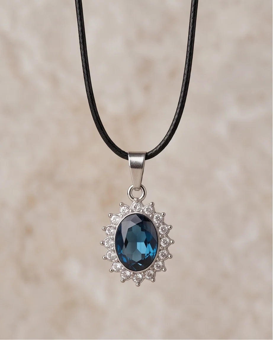 Silver London Blue Oval Halo Medallion Pendant Necklace