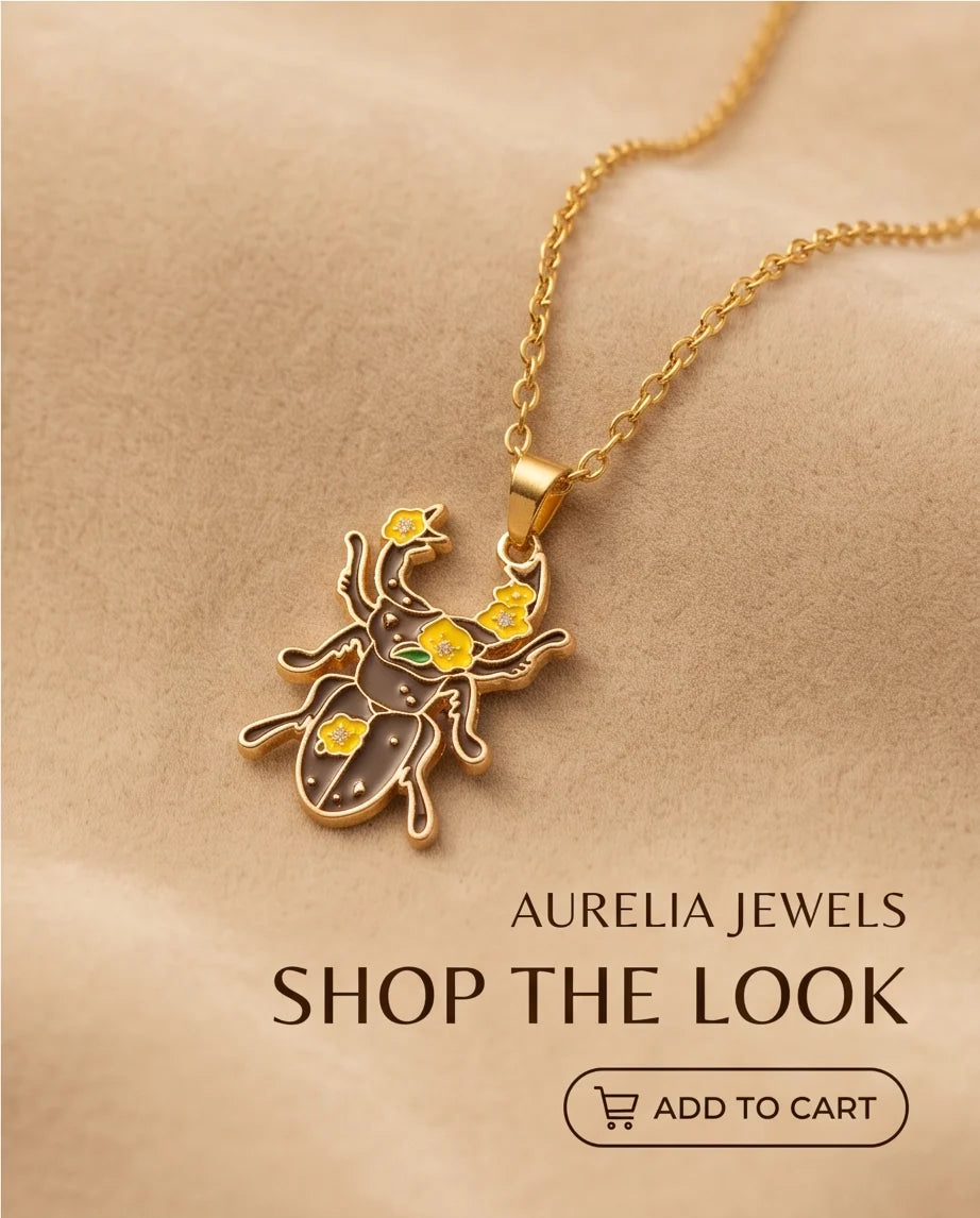Gold Floral Stag Beetle Enamel Chain Necklace
