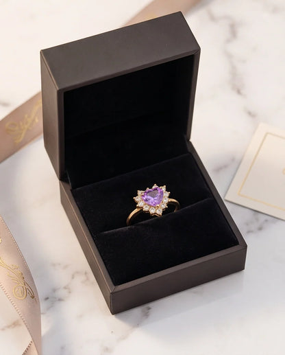 Gold Purple Heart Gemstone Halo Ring