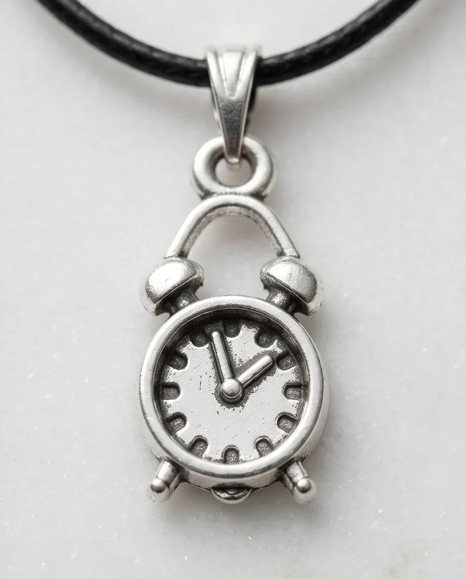 Silver Retro Alarm Clock Pendant Necklace