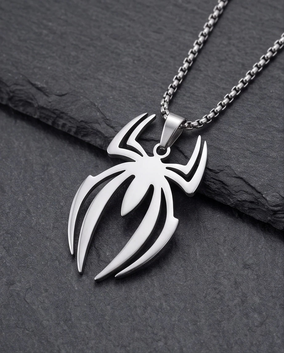 Silver Tribal Spider Emblem Pendant Necklace