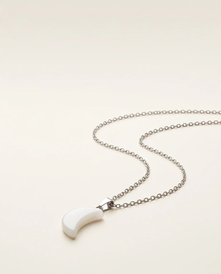 Silver Opal White Crescent Moon Pendant Necklace