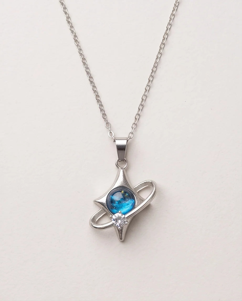 Silver Cosmic Four-Point Star Planet Ring Pendant Necklace