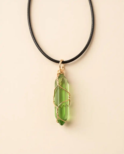 Wire-Wrapped Olive Green Crystal Point Pendant Box Chain