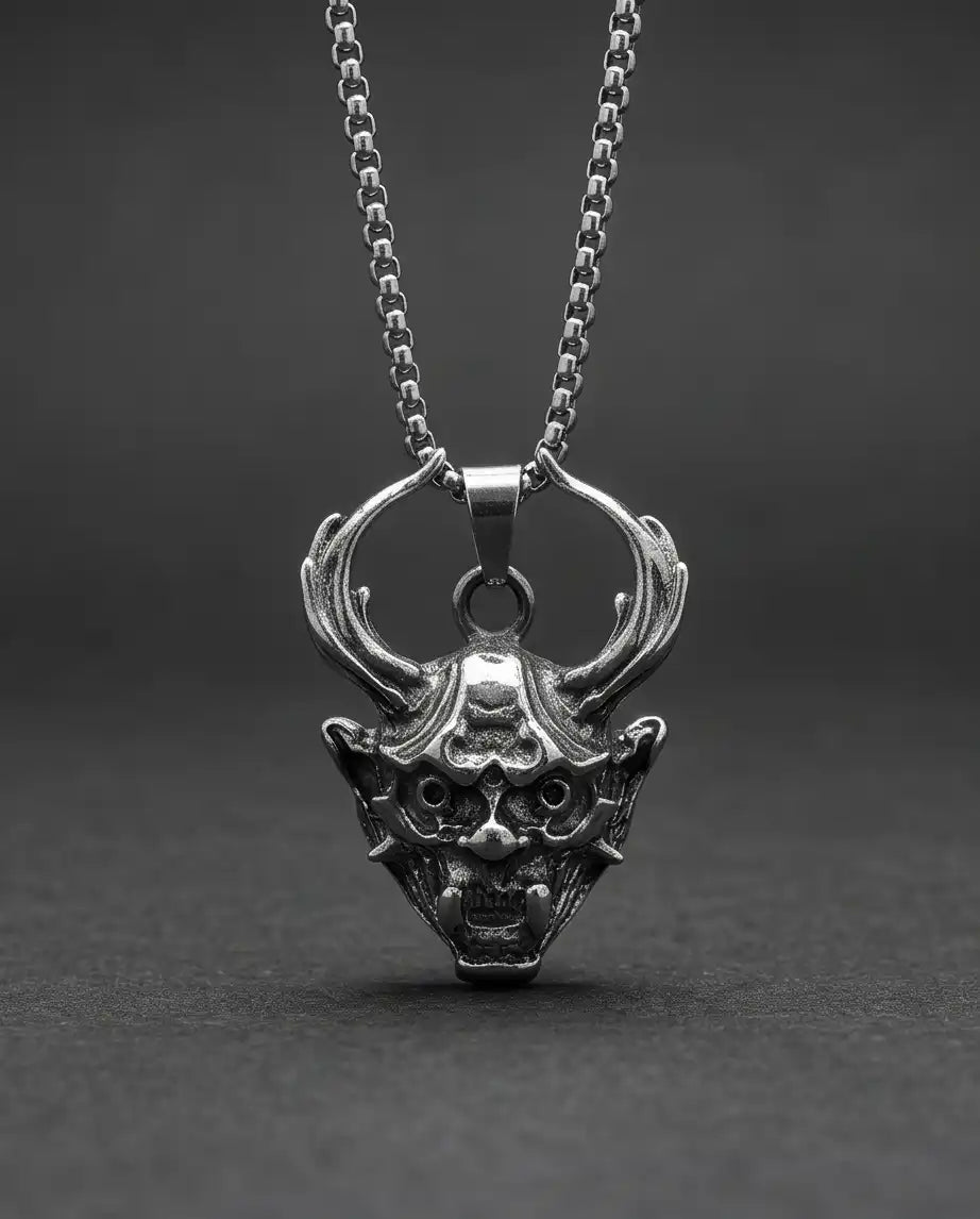 Antiqued Horned Oni Demon Mask Pendant Box Chain