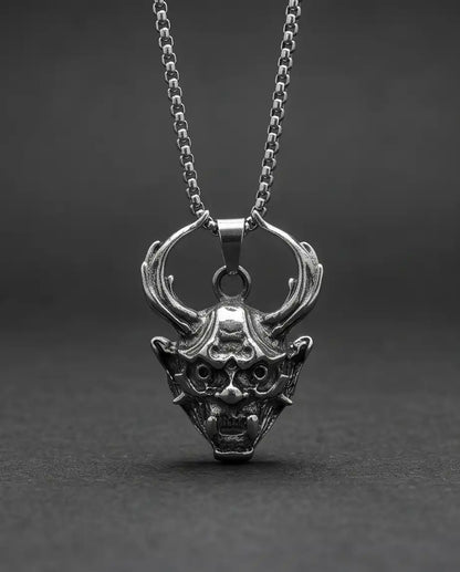 Antiqued Horned Oni Demon Mask Pendant Box Chain