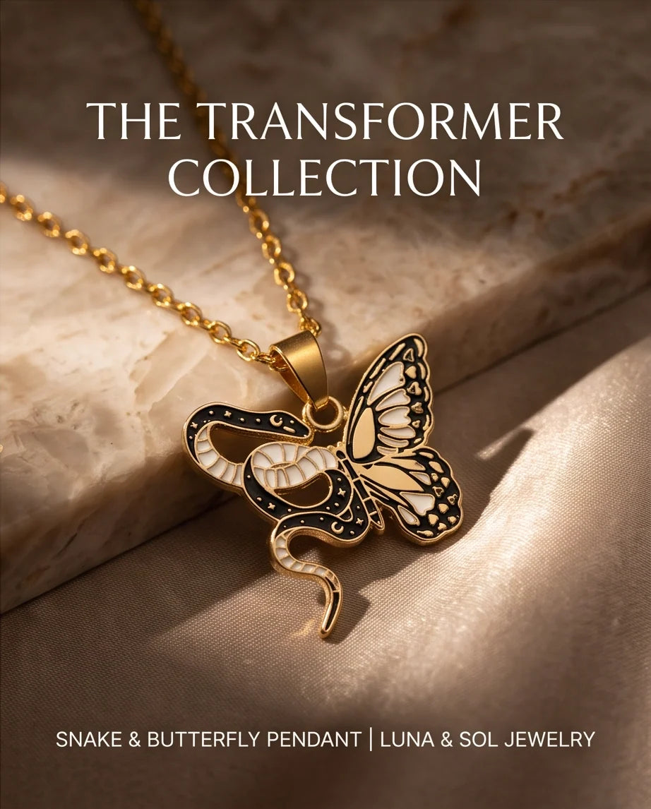 Gold Snake & Butterfly Celestial Enamel Pendant Necklace