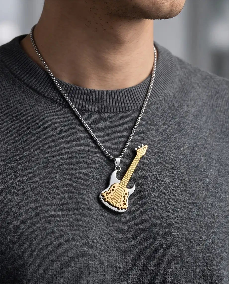 Two-Tone Electric Guitar Pendant Silver Box Chain Necklace