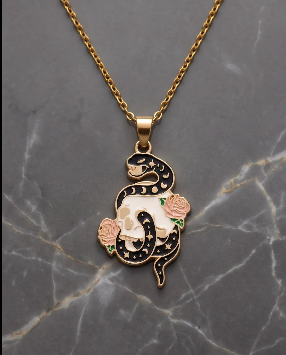 Gold Snake, Skull & Rose Enamel Pendant Necklace
