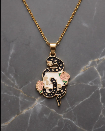 Gold Snake, Skull & Rose Enamel Pendant Necklace
